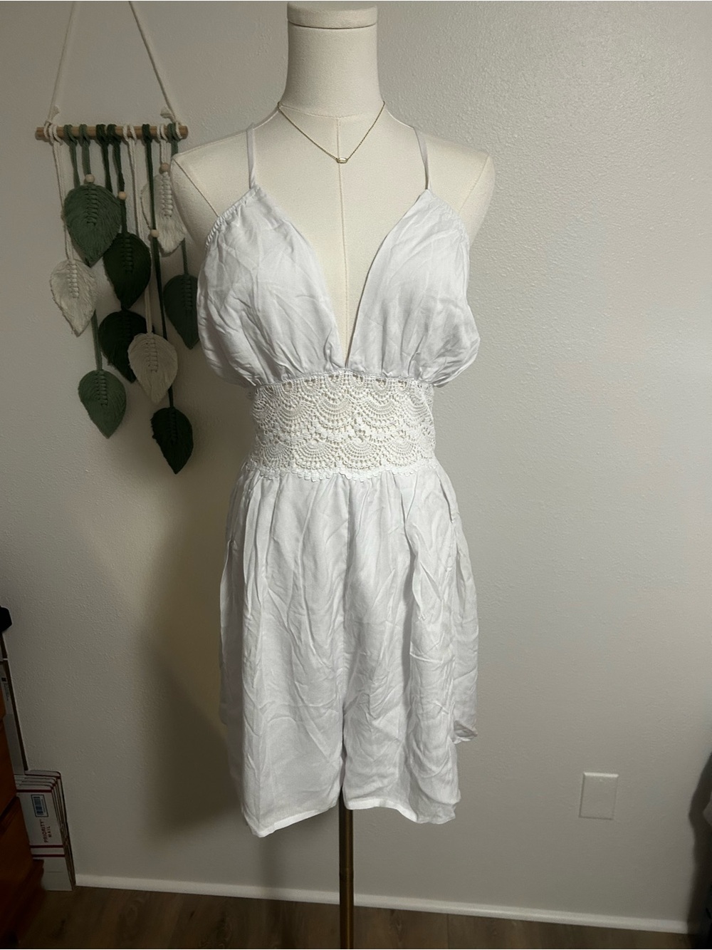 Blue Rain White Crochet Waist Romper